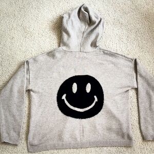 Women's Beige Hooded Sweater with Black Smiley Face on the Back, size Small